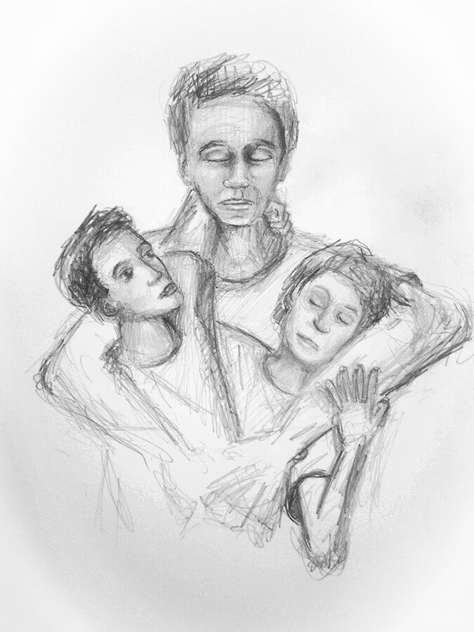 A pencil drawing of a father and two children