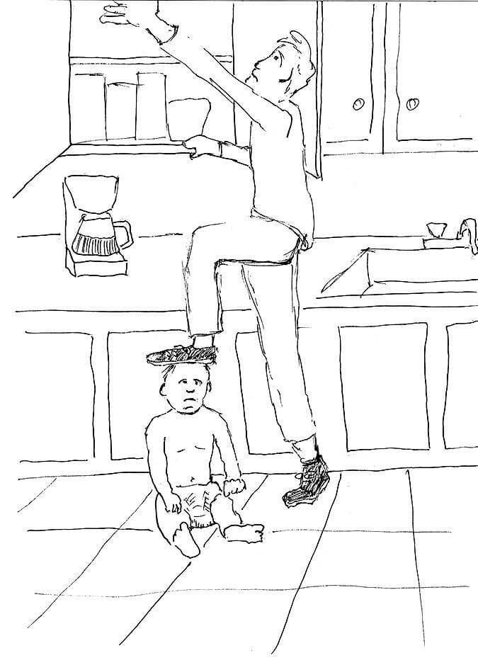 An illustration of a person usinga baby as a stepstool
