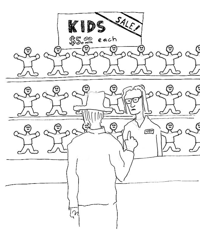 An illustration of a person buying children in a shop