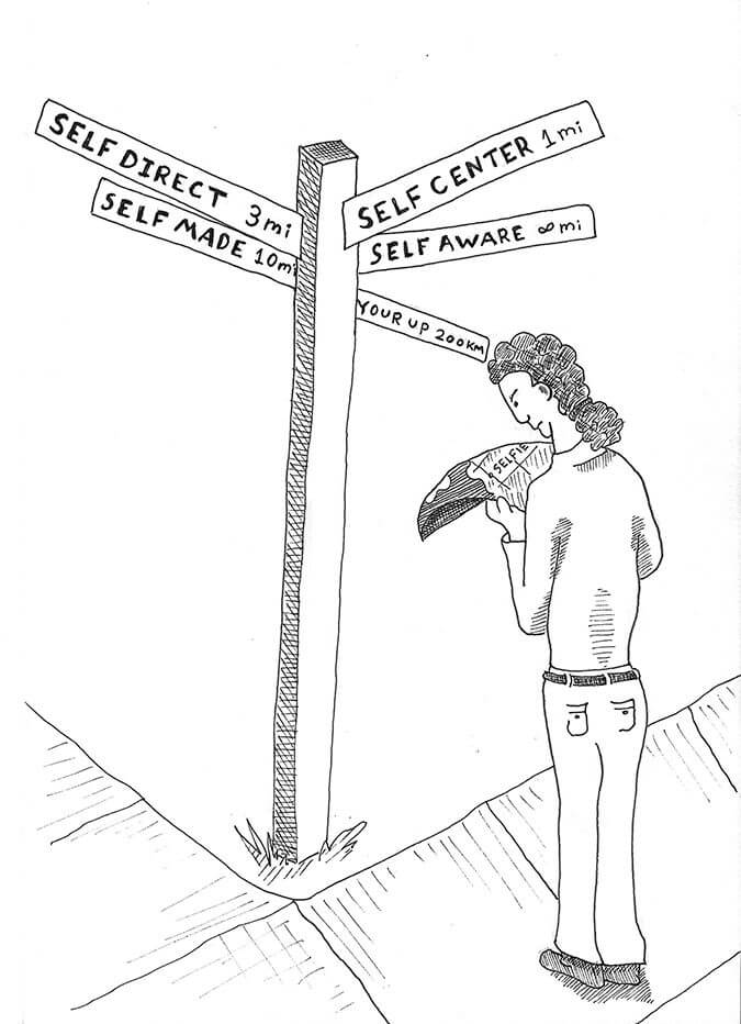 Illustration of a person at a self center / self direct cross road