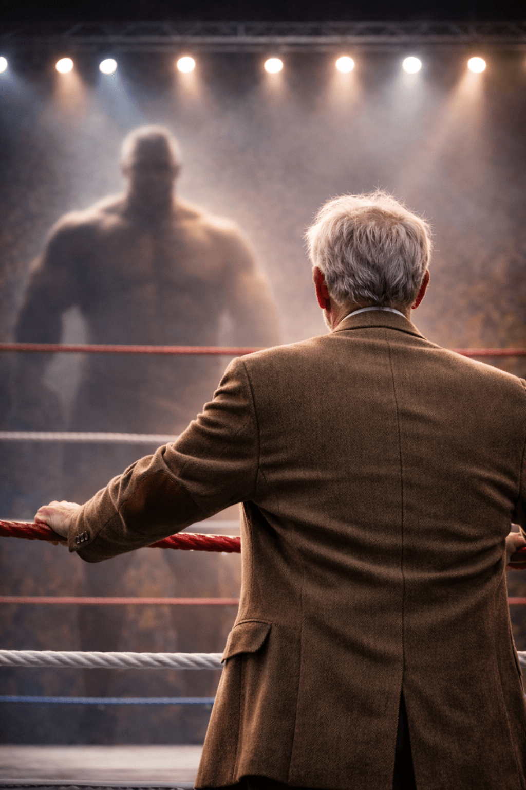 An older professor about to step into a wrestling ring with a giant opponent
