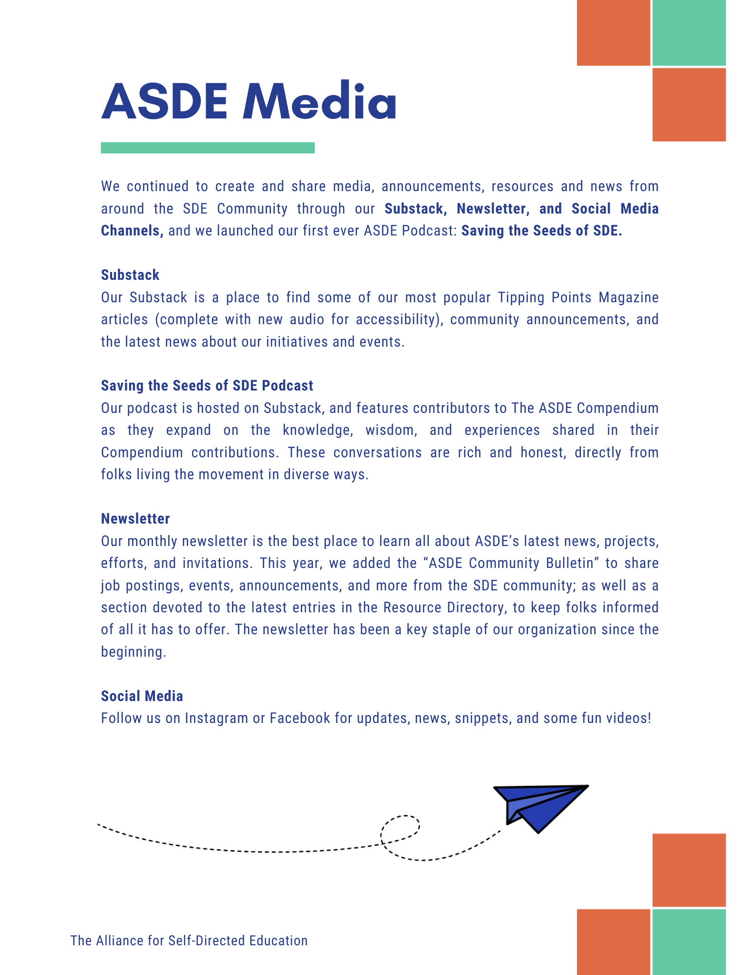 ASDE Media
We continued to create and share media, announcements, resources and news from around the SDE Community through our Substack, Newsletter, and Social Media Channels, and we launched our first ever ASDE Podcast: Saving the Seeds of SDE.
Substack
Our Substack is a place to find some of our most popular Tipping Points Magazine articles (complete with new audio for accessibility), community announcements, and the latest news about our initiatives and events.
Saving the Seeds of SDE Podcast
Our podcast is hosted on Substack, and features contributors to The ASDE Compendium as they expand on the knowledge, wisdom, and experiences shared in their Compendium contributions. These conversations are rich and honest, directly from folks living the movement in diverse ways.
Newsletter
Our monthly newsletter is the best place to learn all about ASDE's latest news, projects, efforts, and invitations. This year, we added the 