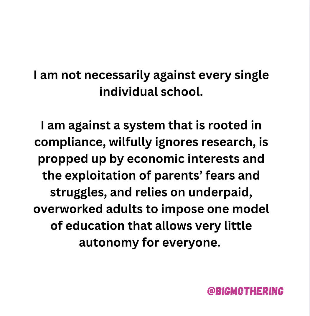 I am not necessarily against every single individual school. I am against a system that is rooted in compliance, wilfully ignores research, is propped up by economic interests and the exploitation of parents' fears and struggles, and relies on underpaid, overworked adults to impose one model of education that allows very little autonomy for everyone.