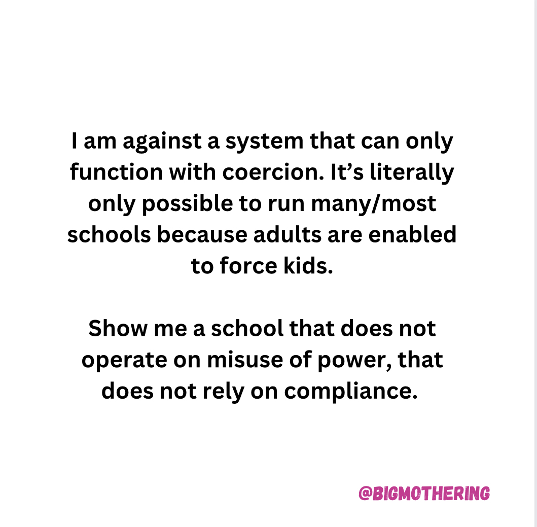 I am against a system that can only function with coercion. It's literally only possible to run many/most schools because aduults are enabled to force kids. Show me a school that does not operate on misuse of power, that does not rely on compliance.
